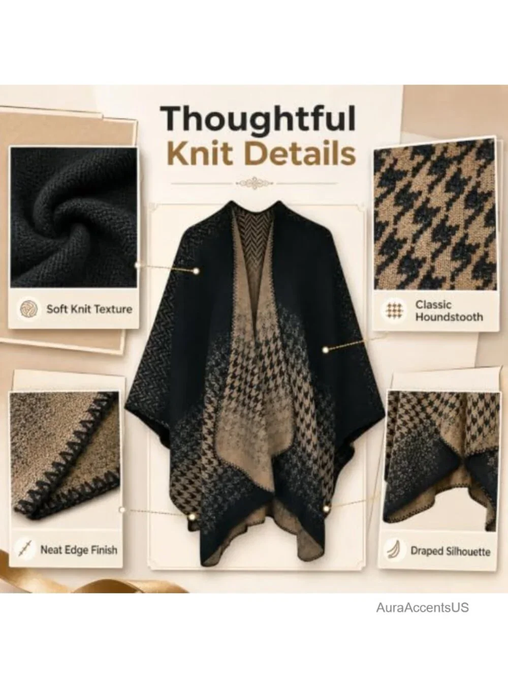 Womens Houndstooth Knitted Cardigan Wrap Shawl Poncho Cape
